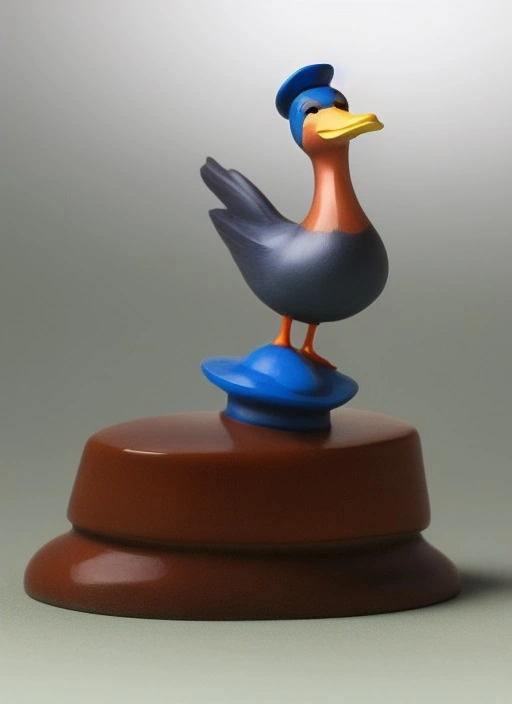 08454-4159363289-a figurine of a duck sitting on a table with a blue dress and a hat on his head, by jeffrey bale.webp